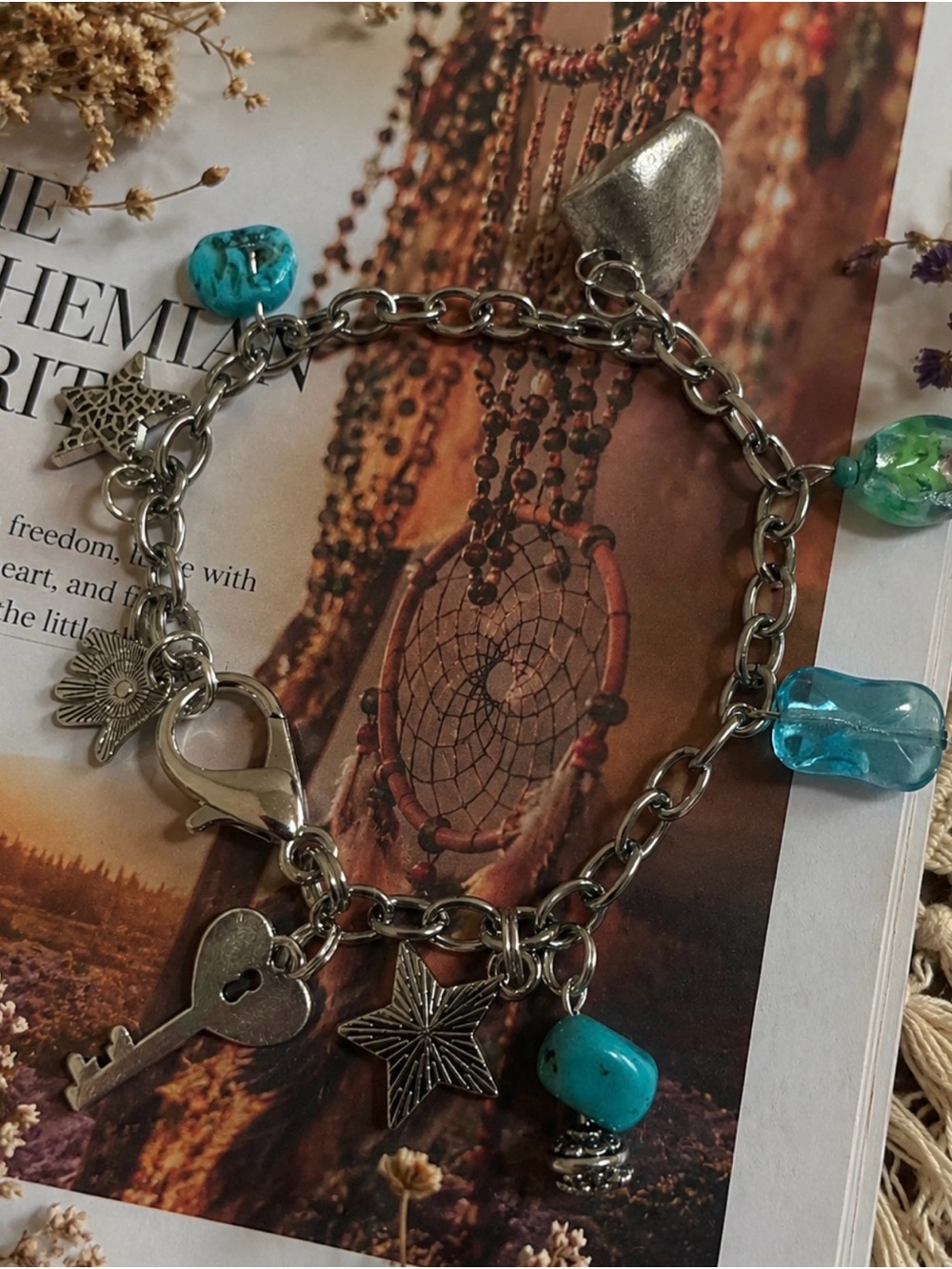 Turquoise & Silver color chain Charm Bracelet